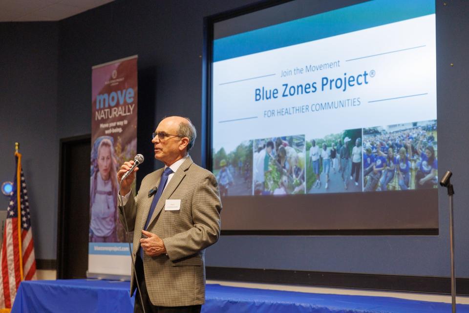 David Longfield-Smith speaks during a Blue Zones presentation at the Guthrie Memorial Library, Thursday, March 7, 2024, in Hanover Borough.
