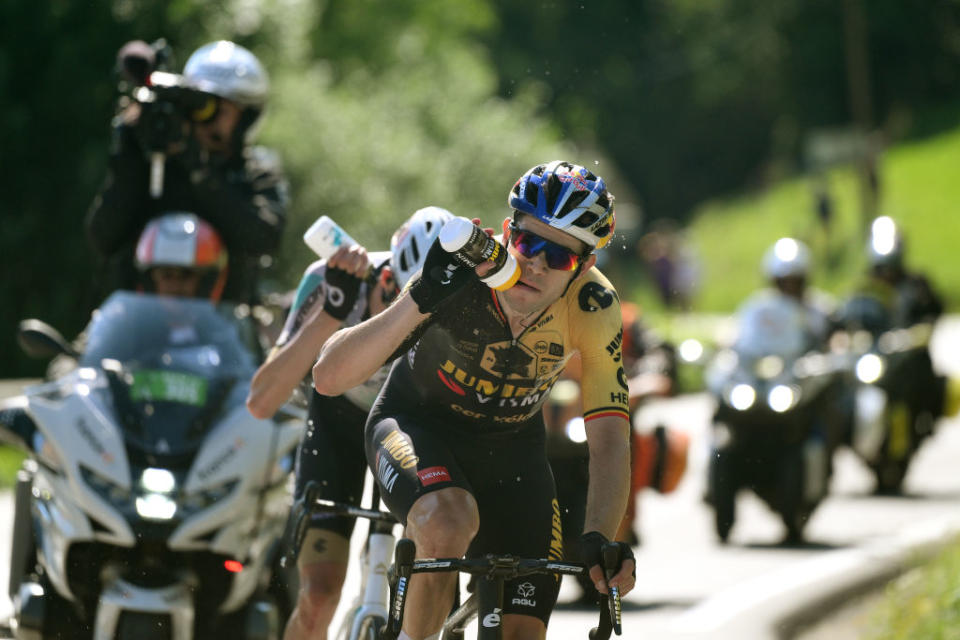 SAINTGERVAIS MONTBLANC FRANCE  JULY 16 Wout Van Aert of Belgium and Team JumboVisma refreshes himself competing in the breakaway during the stage fifteen of the 110th Tour de France 2023 a 179km stage from Les Gets les Portes du Soleil to SaintGervais MontBlanc 1379m  UCIWT  on July 16 2023 in SaintGervais MontBlanc France Photo by David RamosGetty Images