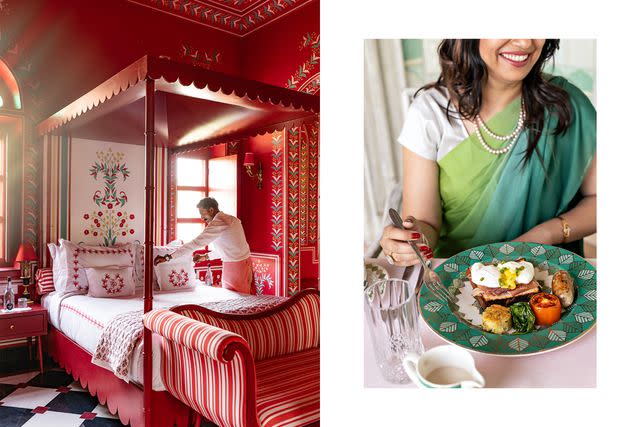 <p>Aparna Jayakumar</p> From left: A guest room at Villa Palladio, a boutique hotel on the outskirts of Jaipur; breakfast at Rajmahal Palace.