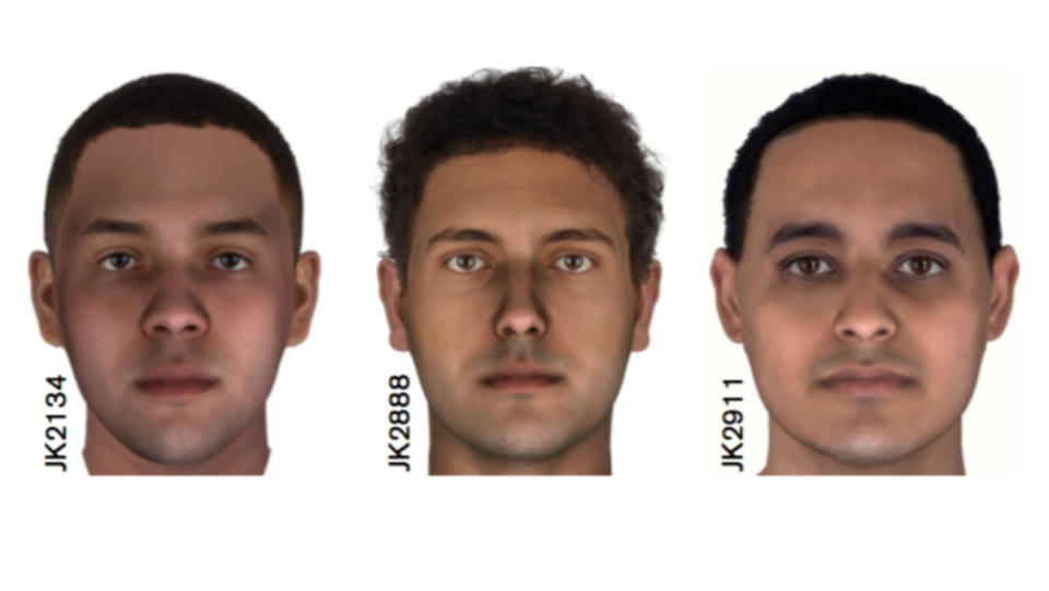 Digitally recreated faces of three, young male Egyptians from more than 2,000 years ago.