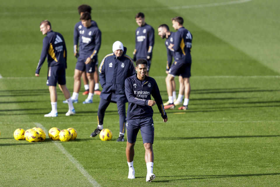 VALDEBEBAS, SPAIN - DECEMBER 1: Jude Bellingham of Real Madrid during the   Real Madrid training and press conference at the Ciudad Deportiva Real Madrid on December 1, 2023 in Valdebebas Spain (Photo by David S. Bustamante/Soccrates/Getty Images)