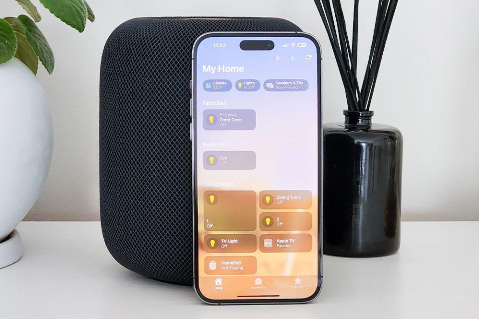 apple homepod second generation with iphone showing the app