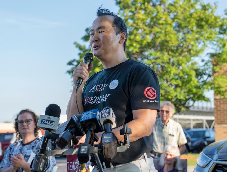 Kabby Hong, 2022 Wisconsin National Teacher of the Year, speaks at the Community Teach-in after the Muskego-Norway School Board denied his request to speak at its July 18 meeting.