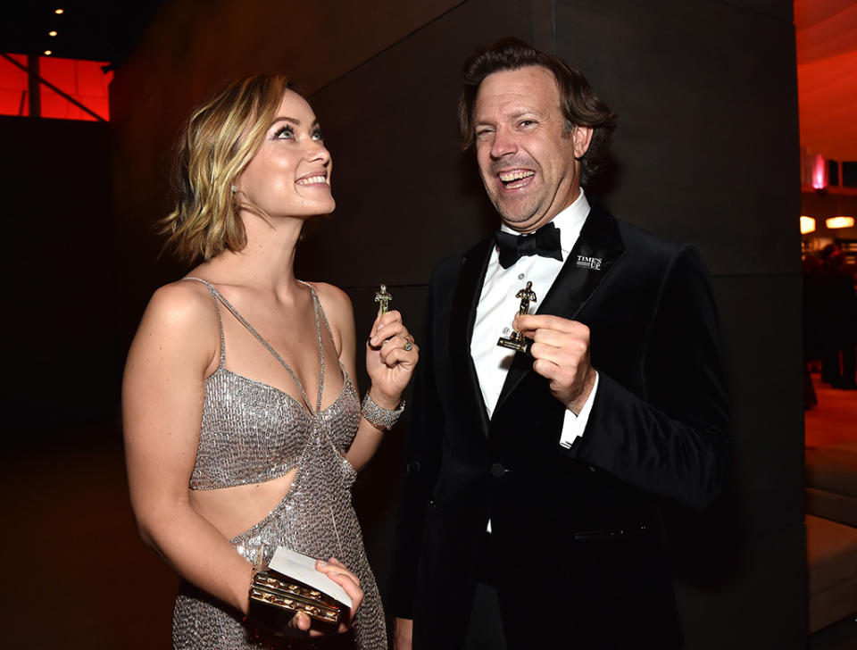 <p>Mini Oscars were a big hit with Olivia Wilde and Jason Sudeikis, who left their two small children at home. (Photo: Kevin Mazur/VF18/WireImage) </p>