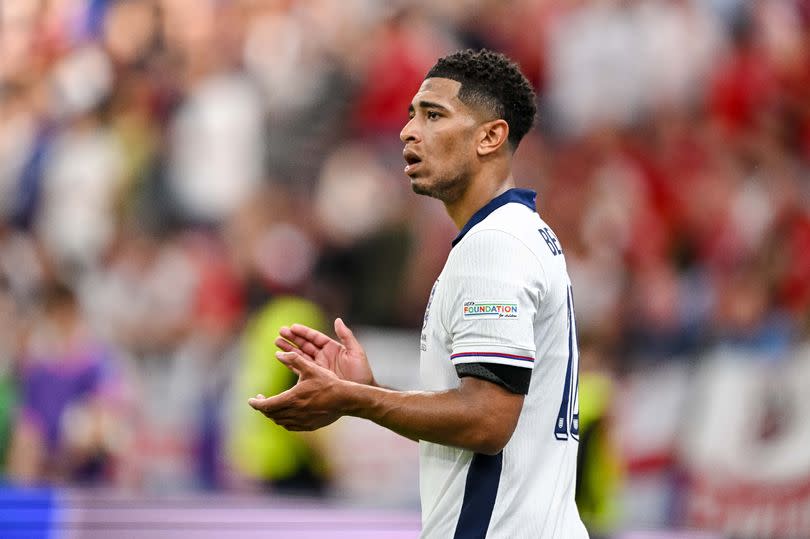 Jude Bellingham of England gestures during the UEFA EURO 2024 group stage match between Denmark and England at Frankfurt Arena on June 20, 2024 in Frankfurt am Main, Germany.