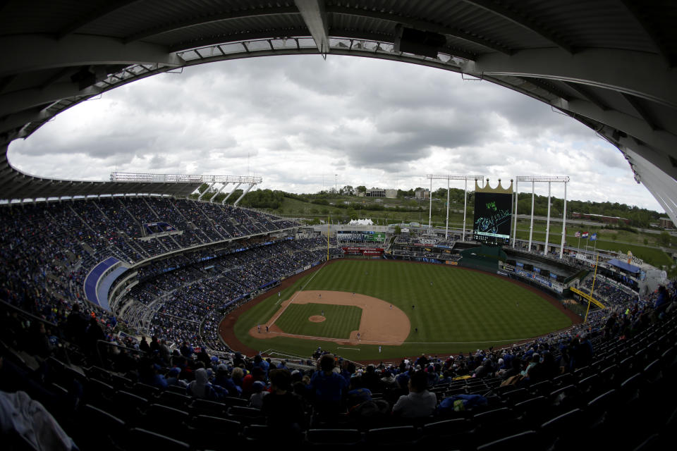 FILE - Fans watch during a baseball game between the Kansas City Royals and the Minnesota Twins Sunday, April 30, 2017, in Kansas City, Mo. Missouri's professional sports teams announced Friday, Jan. 12, 2024, that they have launched an initiative petition drive to put the legalization of sports betting on the November ballot. . (AP Photo/Charlie Riedel, File)