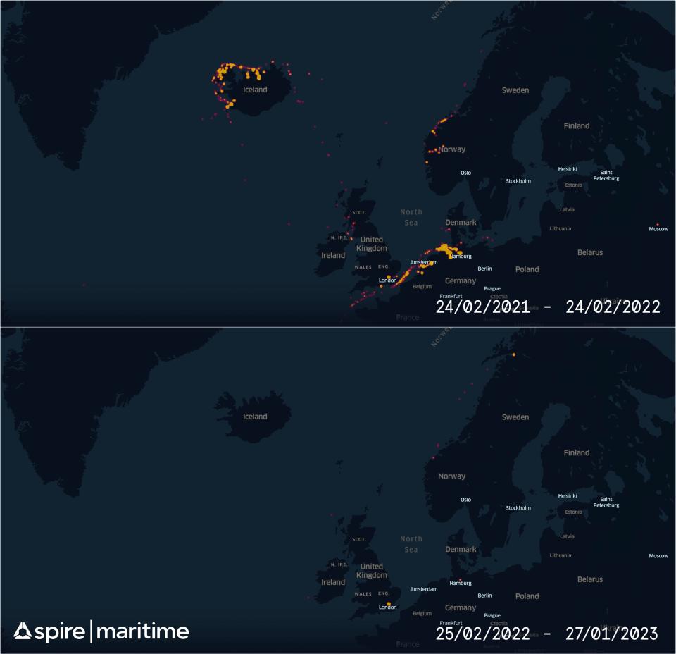 A heat map showing Russian oligarch yacht traffic in Northern Europe before and after the invasion of Ukraine.