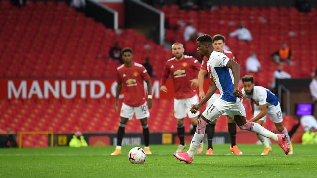 Wilfried Zaha put Crystal Palace 2-1 up against Manchester United with a retaken penalty (Shaun Botterill/PA).