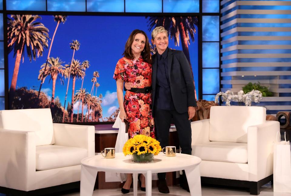 Julia Louis-Dreyfus and Ellen DeGeneres are seen during a taping of "The Ellen DeGeneres Show" at the Warner Bros