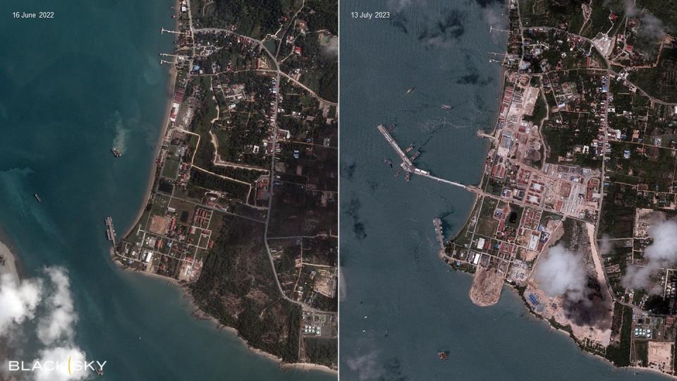 A satellite image shows Cambodia's Ream Naval Base, with the left in June 2022 and the other in July 2023. (Courtesy of BlackSky)