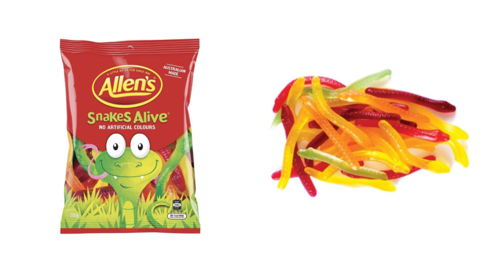 Packet of Allen's Snakes Alive lollies (left) and a pile of snakes (right).