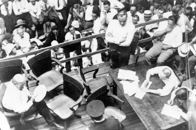 On July 21, 1925, the so-called Monkey Trial, which pitted Clarence Darrow against William Jennings Bryan in Dayton, Tenn., in one of the great confrontations in legal history, ended with John Thomas Scopes convicted and fined $100 for teaching evolution in violation of state law. UPI File Photo