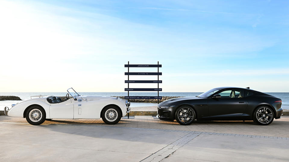 Jaguar’s internal-combustion sports-car bookends, the XK120 and F-Type R75.