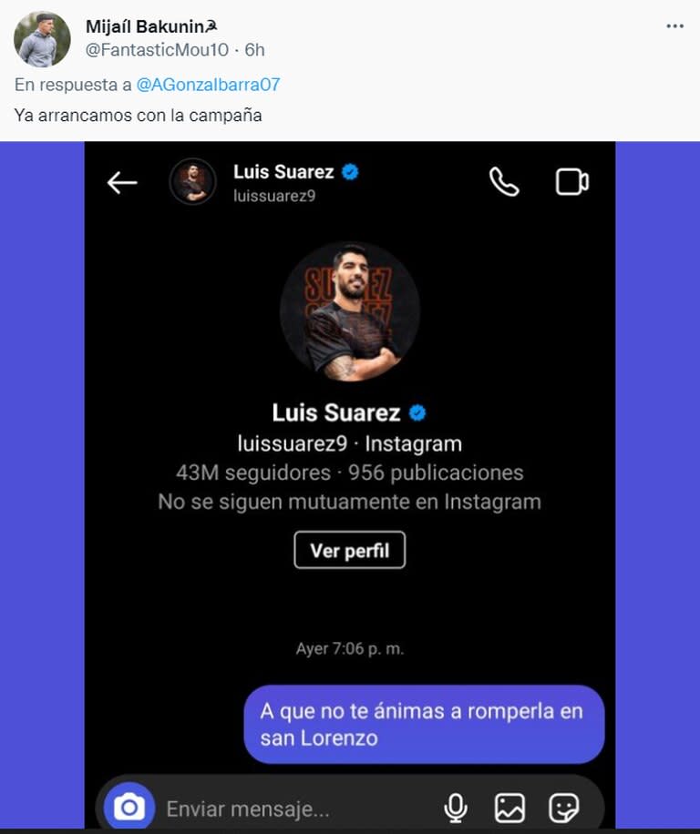 El mensaje irónico que le envió un fanático de San Lorenzo a Luis Suárez por Instagram