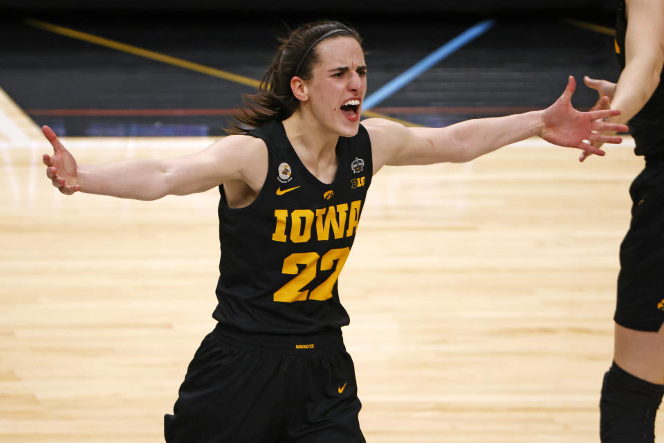 Iowa's Caitlin Clark celebrates after the Hawkeyes beat the South Carolina Gamecocks in the 2023 NCAA women's tournament Final Four at American Airlines Center in Dallas on March 31, 2023. (Ron Jenkins/Getty Images)