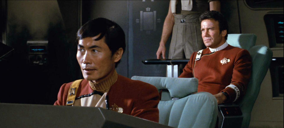 LOS ANGELES - JUNE 4: From  left: George Takei as Commander Hikaru Sul and William Shatner as Admiral James T. Kirk in the movie, "Star Trek II: The Wrath of Khan." Release date, June 4, 1982. Image is a screen grab. (Photo by CBS via Getty Images) 