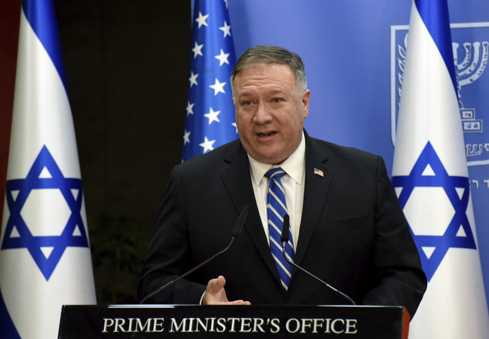 U.S. Secretary of State Mike Pompeo and Israeli Prime Minister Benjamin Netanyahu make joint statements to the press after their meeting, in Jerusalem, Monday, Aug. 24, 2020. (Debbie Hill/Pool via AP)