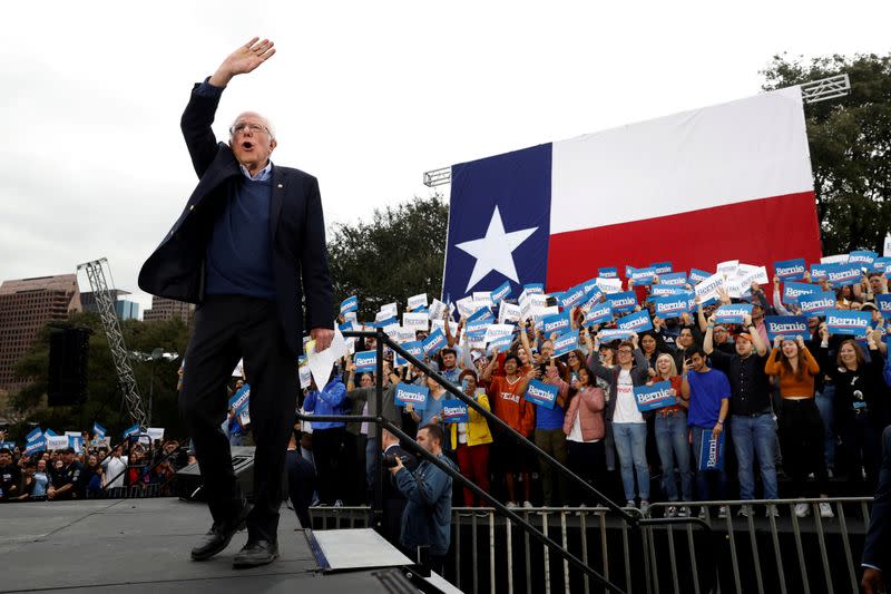 Democratic U.S. presidential candidate Senator Bernie Sanders takes the stage for an outdoor campaign rally in Austin