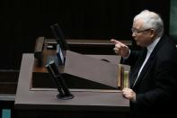 Law and Justice leader Kaczynski attends a parliament session in Warsaw