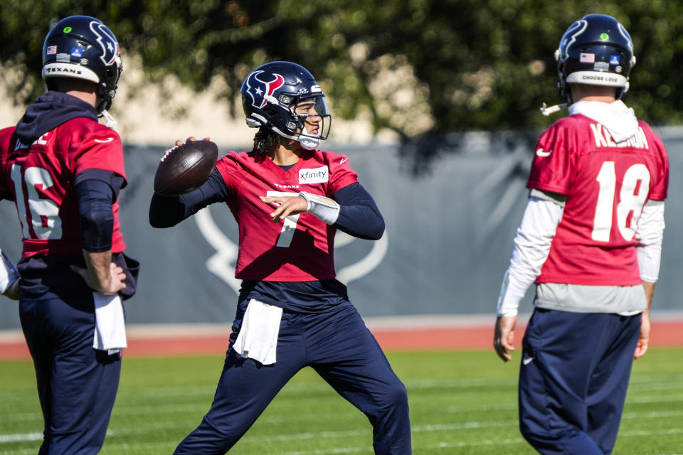 Houston Texans quarterback C.J. Stroud (7) throws a pass during practice on Wednesday, Dec. 27, 2023, at Houston Methodist Training Center in Houston, as the Texans prepare for their matchup against the Tennessee Titans.(Brett Coomer/Houston Chronicle via AP)