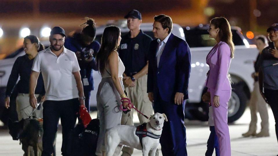 PHOTO: Florida Governor Ron Desantis and his family greets passengers arriving from Israel on a chartered flight organized by Project Dynamo in Tampa, on Oct. 15, 2023. (Luis Santana/Tampa Bay Times via ZUMA Press Wire)