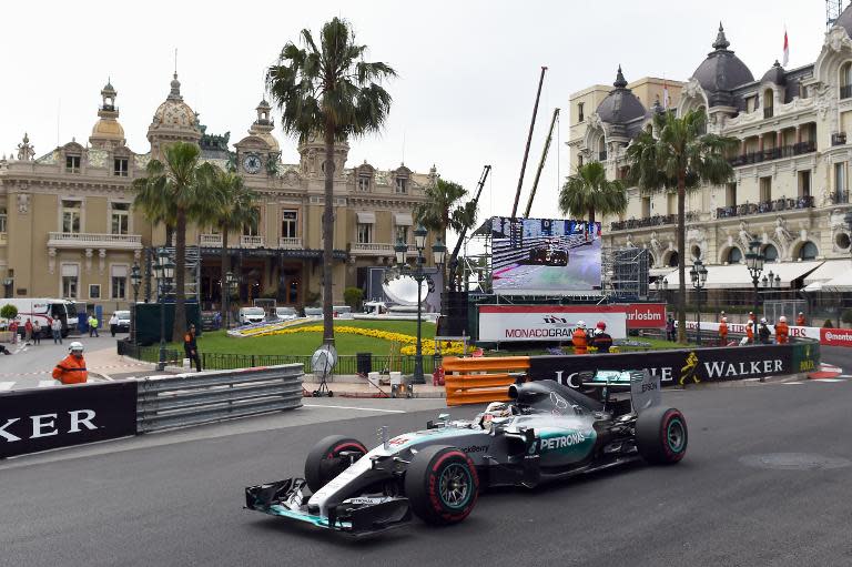 Mercedes AMG Petronas F1 Team's British driver Lewis Hamilton drives during the third practice session at the Monaco street circuit in Monte Carlo on May 23, 2015