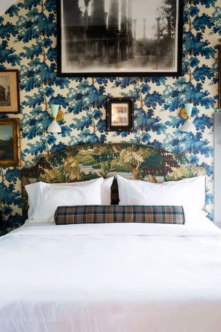 <p>CAMERON REYNOLDS</p> A guest room at the Highlander Mountain House, where design details abound.
