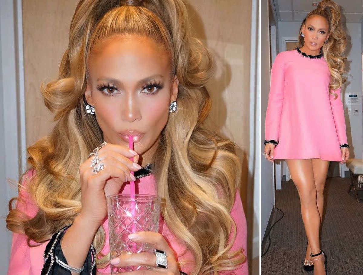 Jennifer Lopez was pretty in Barbie-pink as she shared behind-the-scenes pics from filming her new show "World of Dance." The 48-year-old wore a retro shift dress and '60s-inspired hairdo before getting behind the judging desk for the dance competition show.