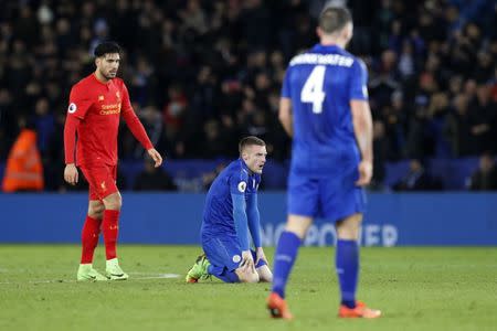 Britain Football Soccer - Leicester City v Liverpool - Premier League - King Power Stadium - 27/2/17 Leicester City's Jamie Vardy and Liverpool's Emre Can Reuters / Darren Staples Livepic