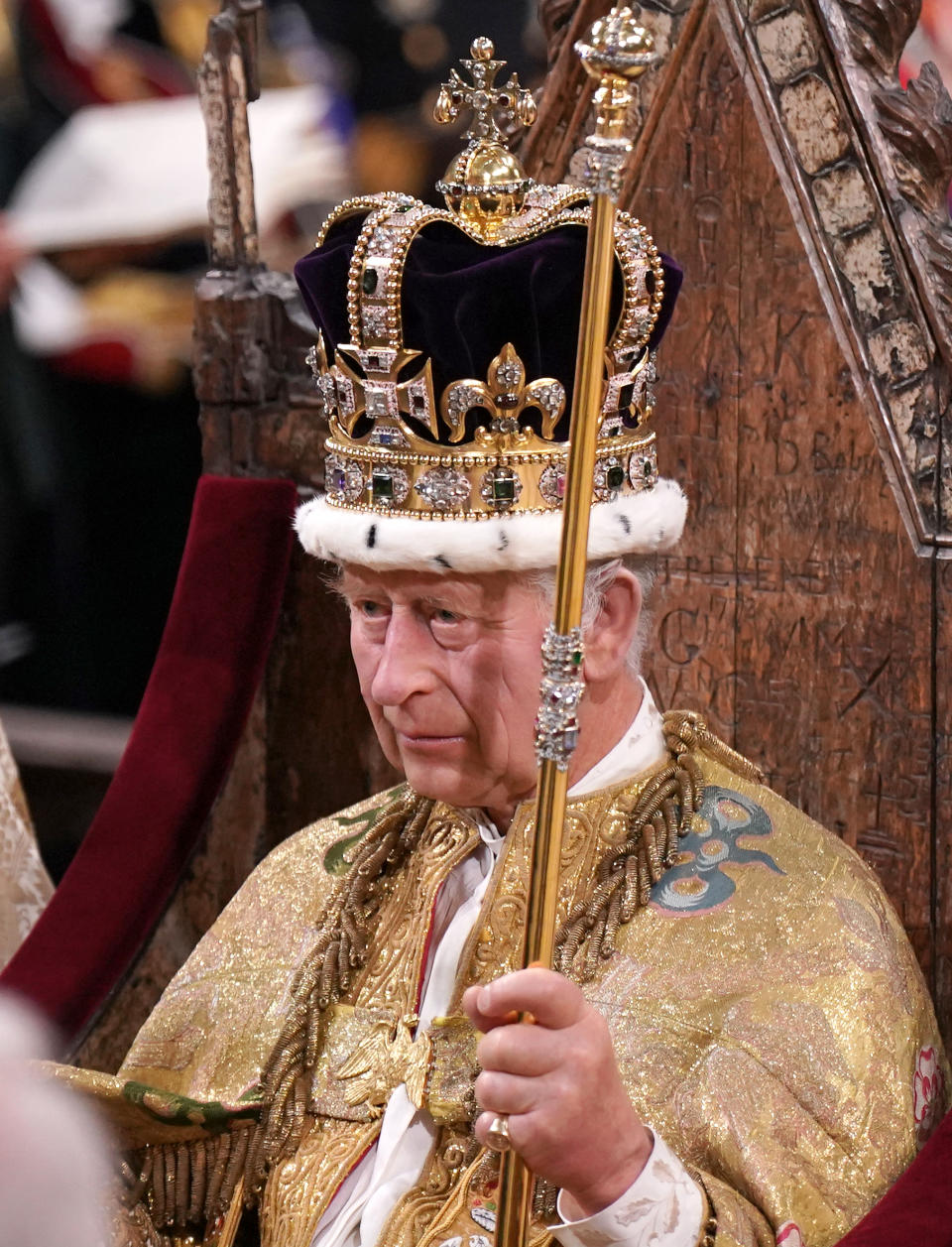 <p>LONDON, ENGLAND - MAY 06: King Charles III after being crowned with St Edward's Crown during his coronation ceremony in Westminster Abbey, on May 6, 2023 in London, England. The Coronation of Charles III and his wife, Camilla, as King and Queen of the United Kingdom of Great Britain and Northern Ireland, and the other Commonwealth realms takes place at Westminster Abbey today. Charles acceded to the throne on 8 September 2022, upon the death of his mother, Elizabeth II. (Photo by Victoria Jones - WPA Pool/Getty Images)</p> 