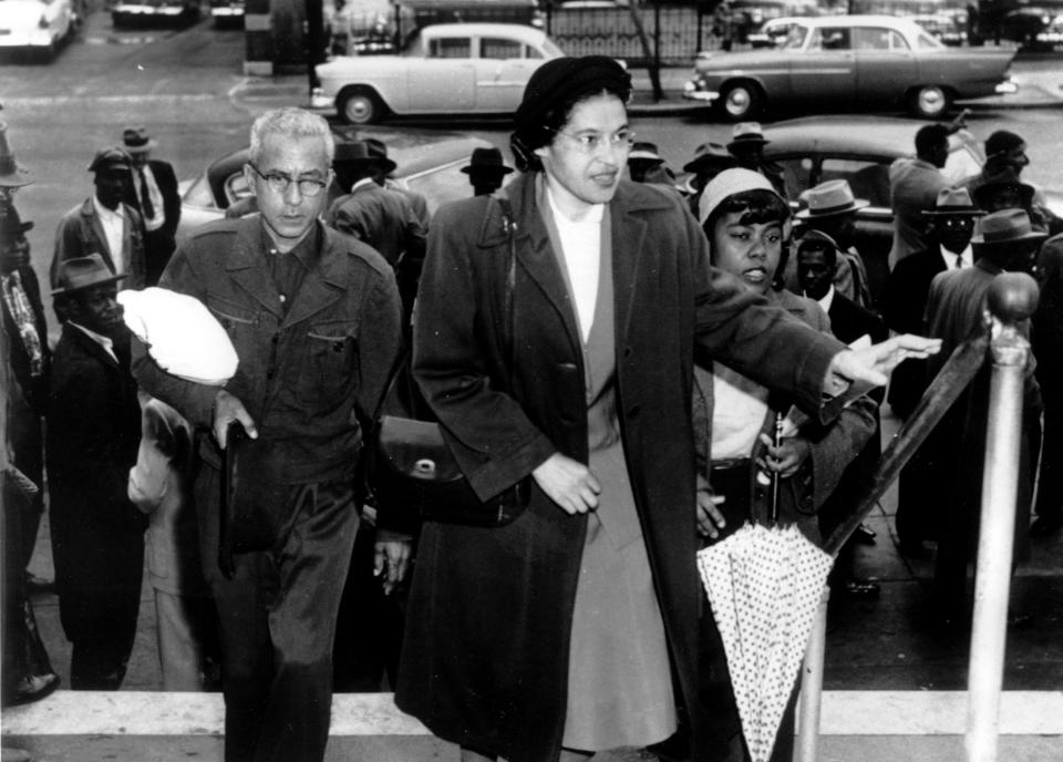 Rosa Parks arrives at circuit court to be arraigned in the racial bus boycott, Feb. 24, 1956 in Montgomery, Alabama. The boycott started Dec. 5, 1955 when Parks was fined for refusing to move to the black section of a city bus.