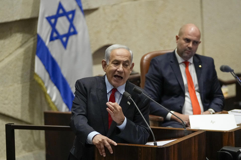 Israeli Prime Minister Benjamin Netanyahu delivers a statement in the Knesset, Israel's parliament in Jerusalem, Tuesday, May 23, 2023. (AP Photo/Ohad Zwigenberg)