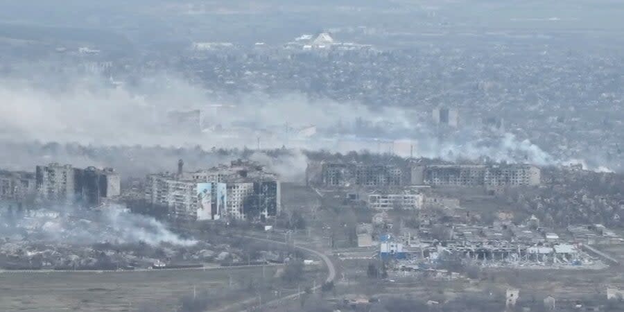 A shot of a video from Bakhmut taken from a drone