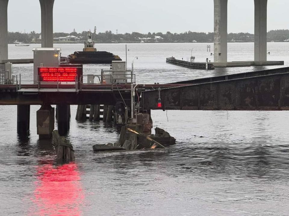 A barge strikes St. Lucie River railroad bridge Sept. 23, 2023.