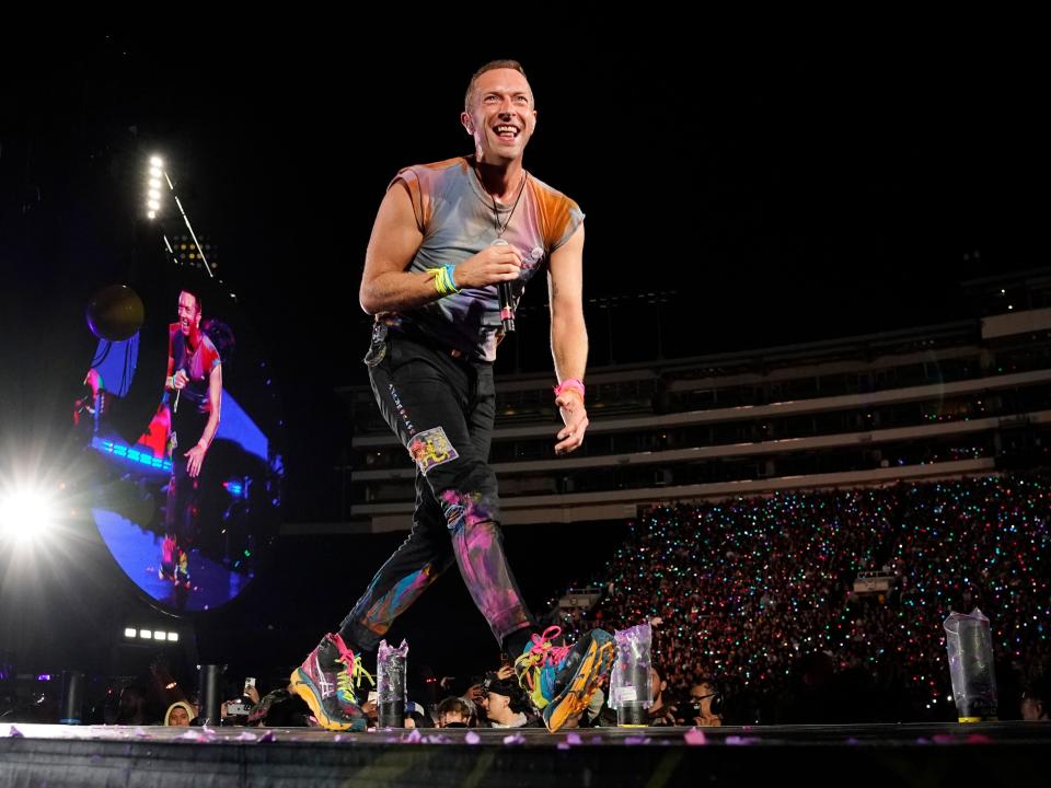 Chris Martin of Coldplay performs at the Rose Bowl, Saturday, Sept. 30, 2023, in Pasadena, Calif.