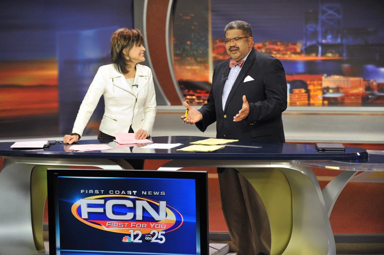 First Coast News consumer reporter/anchor Ken Amara, right, and anchor Jeannie Blaylock are shown on set during a February 2015 newscast.
