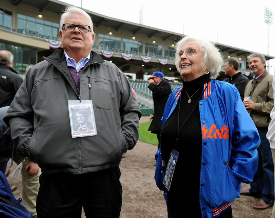 Jim Crockett, Jr. and Frances Crockett mingle with other former Charlotte O’s personnel outside the Charlotte Knights dugout at BB&T BallPark in Charlotte, NC on Friday, April 18, 2014.