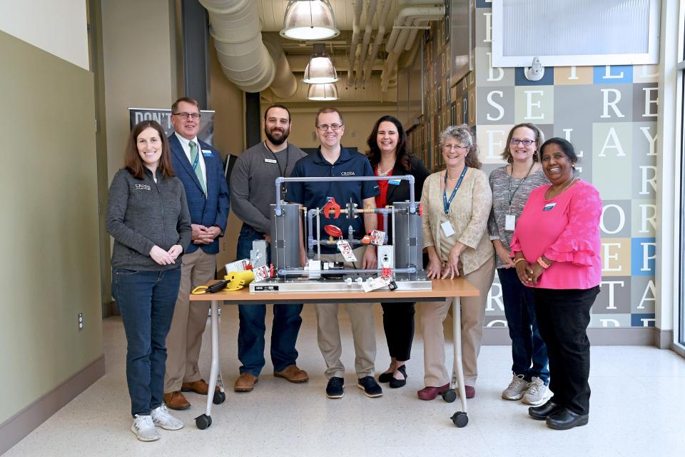 Delaware Technical Community College and Croda Inc.’s Atlas Point facility in New Castle, Del., recently partnered to purchase a lockout/tagout training system that will help students in the chemical process operator program learn about critical safety procedures in a realistic, simulated work environment. Pictured from left: Allison Bard, lead SHE adviser, Croda Inc., Atlas Point; Dan Ehmann, vice president and campus director, Delaware Tech Stanton campus; Frank Marzano, process engineer, Croda Inc., Atlas Point; Josh Dube, site director, Croda Inc., Atlas Point; Dawn Bonavita, dean of instruction, Delaware Tech Stanton campus; Donna Hummel, chemical process operator program instructor, Delaware Tech Stanton campus; Heather Bashford, chemical process operator program instructor, Delaware Tech Stanton campus; and Lakshmi Cyr, science department chair, Delaware Tech Stanton campus.