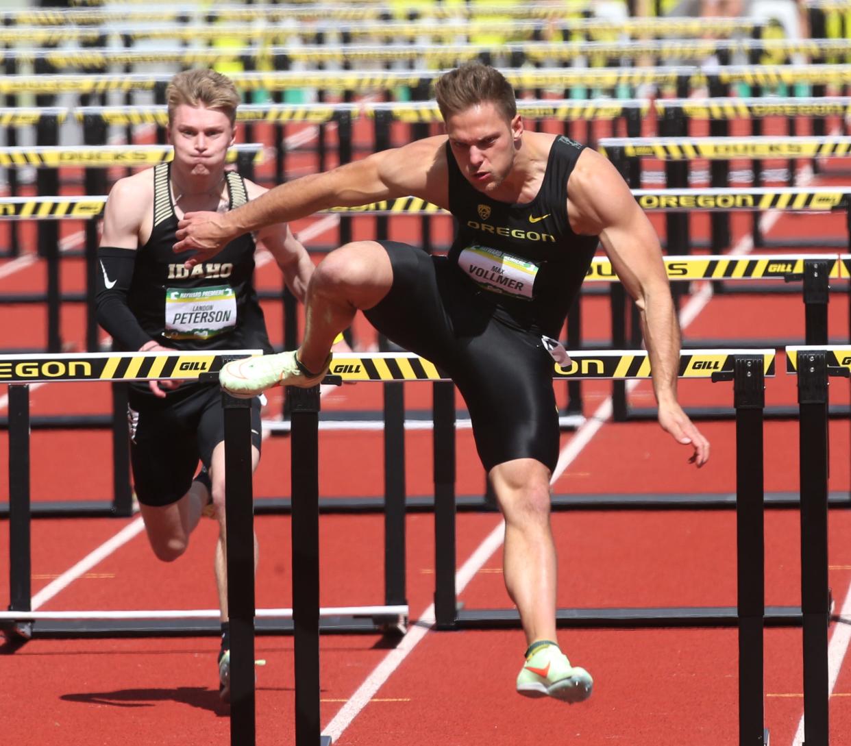 Oregon's Max Vollmer competes in the men's 110 hurdles at the Hayward Premiere at Hayward Field on Saturday, April 2, 2022.
