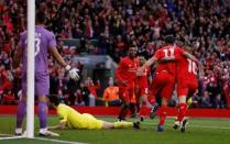 Britain Football Soccer - Liverpool v Villarreal - UEFA Europa League Semi Final Second Leg - Anfield, Liverpool, England - 5/5/16. Daniel Sturridge, Philippe Coutinho and Roberto Firmino celebrate after Villarreal's Bruno scores an own goal and the first for Liverpool. Reuters / Phil Noble