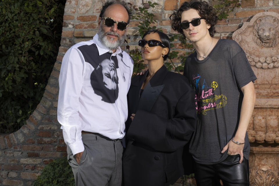 Director Luca Guadagnino, from left, Taylor Russell, and Timothee Chalamet pose for portrait photographs for the film 'Bones and All' during the 79th edition of the Venice Film Festival in Venice, Italy, Thursday, Sept. 1, 2022. (Photo by Joel C Ryan/Invision/AP)