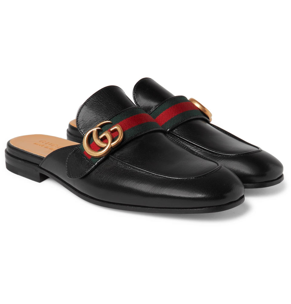 Webbing-Trimmed Leather Backless Loafers