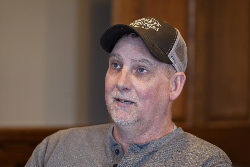 In a March 11, 2021 photo, potato farmer Brian Sackett is interviewed at his family's farm in Mecosta, Mich. For generations, Brian Sackett's family has farmed potatoes that are made into chips. About 25% of the nation's potato chips get their start in Michigan, which historically has had reliably cool air during September harvest and late spring but now is getting warmer temperatures. (AP Photo/Carlos Osorio)