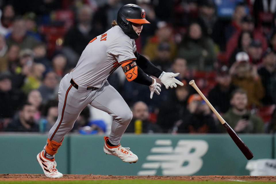 Baltimore Orioles' Jackson Holliday grounds into a force out during the fifth inning of a baseball game against the Boston Red Sox, Wednesday, April 10, 2024, in Boston. (AP Photo/Charles Krupa)