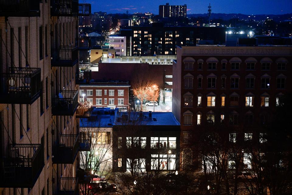 A view of the downtown skyline from the Hyatt Place Five Thirty Lounge in downtown Knoxville, Tenn. on Friday, March 11, 2022.