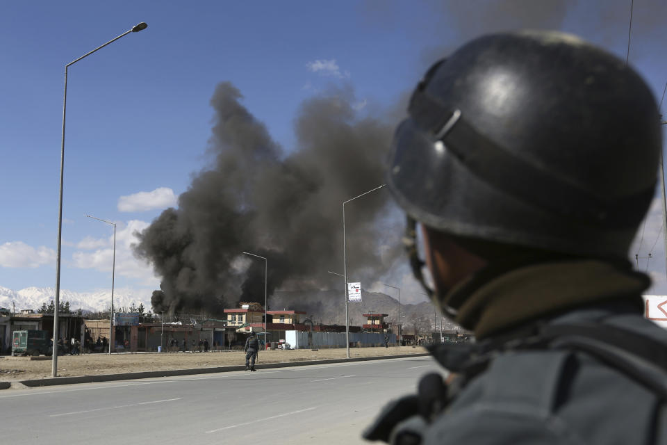 Afghan security forces respond to a suicide attack in Kabul, Afghanistan, Wednesday, March 1, 2017. A pair of suicide bombings, both claimed by the Taliban, struck the Afghan capital, an Afghan official said. (AP Photo/Rahmat Gul)