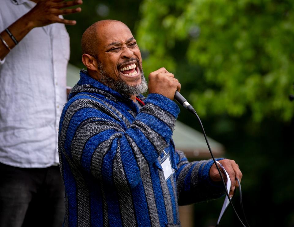 Kokayi Nosakhere speaks during the Eugene, Juneteenth Celebration Sunday June 19, 2022, at Alton Baker Park in Eugene, Ore. "It was the affirmation of the community – that we exist and that we're safe in each other's presence," he said of his experience with Juneteenth growing up. "I did not grow up associating anything negative with Juneteenth."