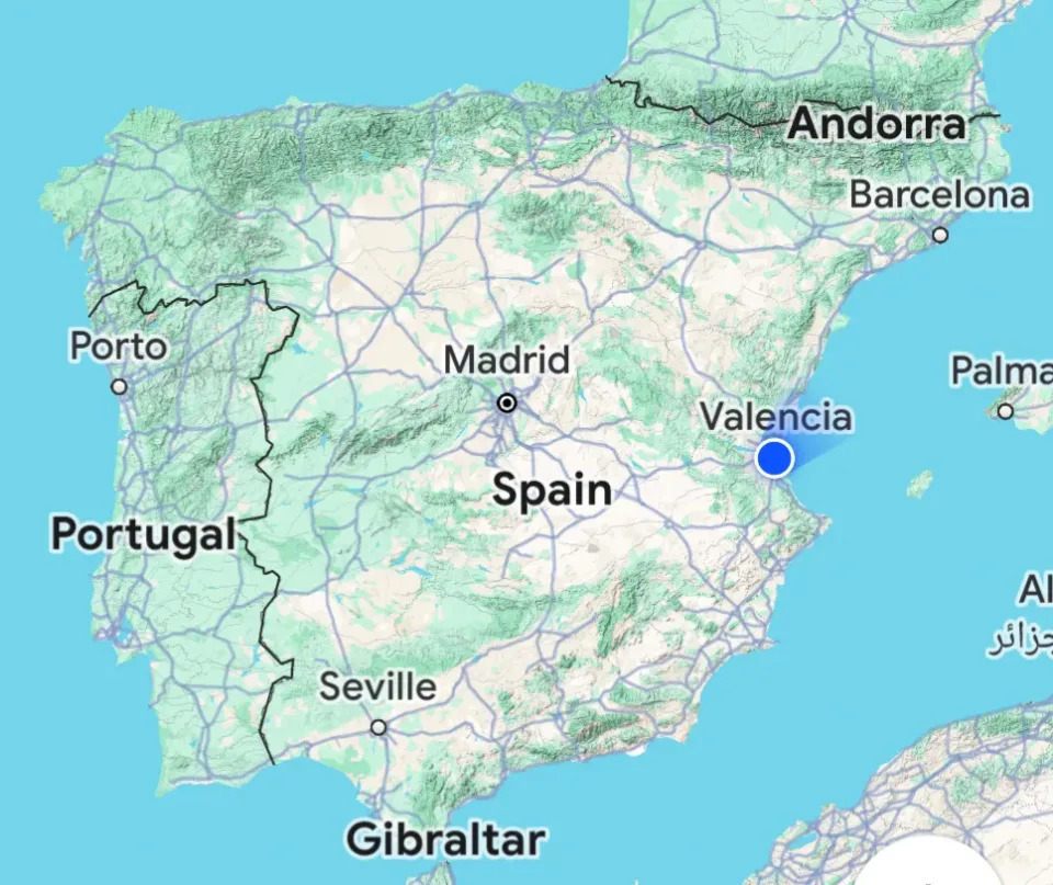 Map of Spain showing Valencia's location with a blue dot. 