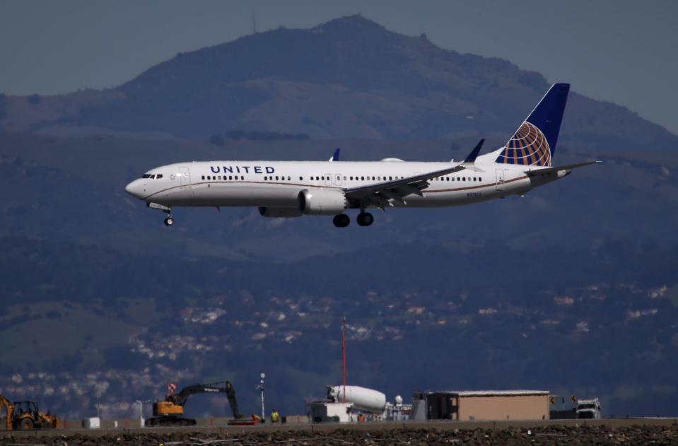 A United Airlines Boeing 737 Max 9 aircraft lands at San Francisco International Airport on March 13, 2019 in Burlingame, California.