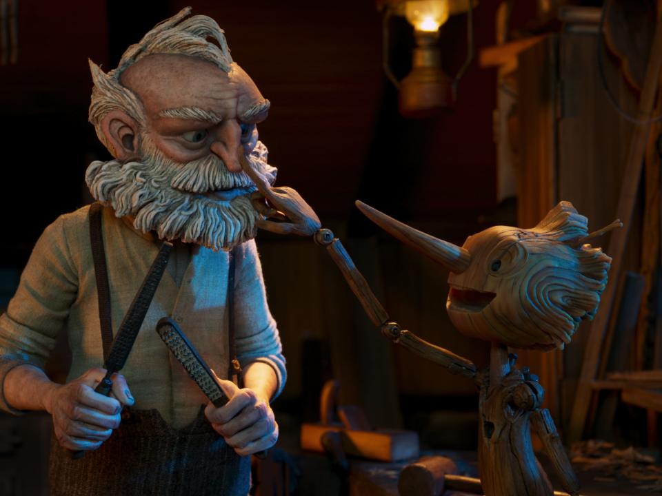 Gepetto (voiced by David Bradley) and Pinocchio (voiced by Gregory Mann) in "Pinocchio."